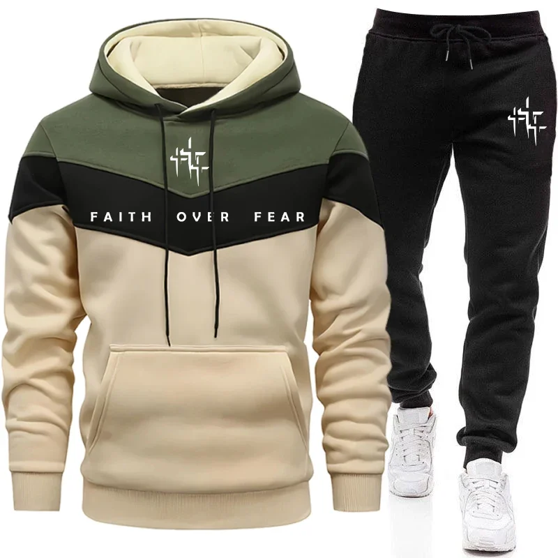 Jogger Sweatpants Men - Faith Over Fear メンズ トラックスーツ フード付きスウェットシャツとジョガーパンツ