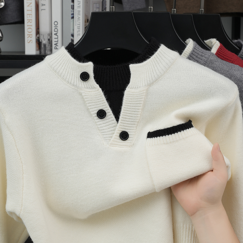 Men'S Fashion V Neck Sweater - メンズフェイクツーピースニット長袖プルオーバー、ラウンドネックリアルポケット付き暖かいセーター、カジュアルでファッショナブルなメンズウェア