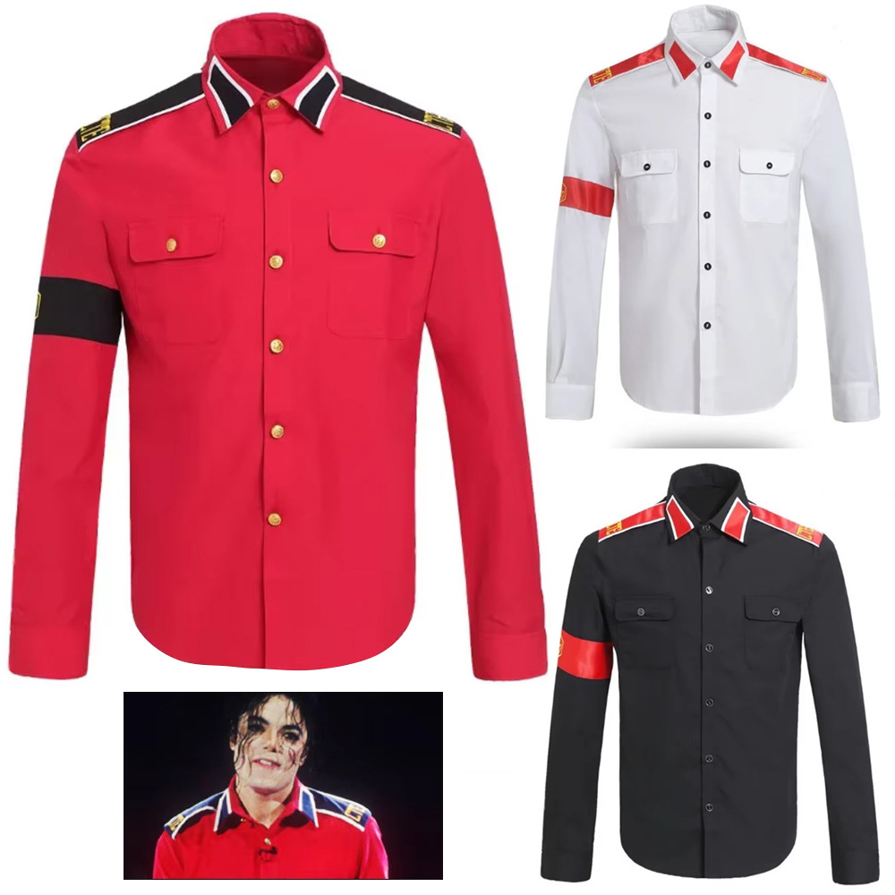 Military Shirt Men - マイケル・ジャクソン反戦ミリタリーシャツメンズヴィンテージボタンアップシャツエポレット付き象徴的なポップスターコスプレ衣装衣装