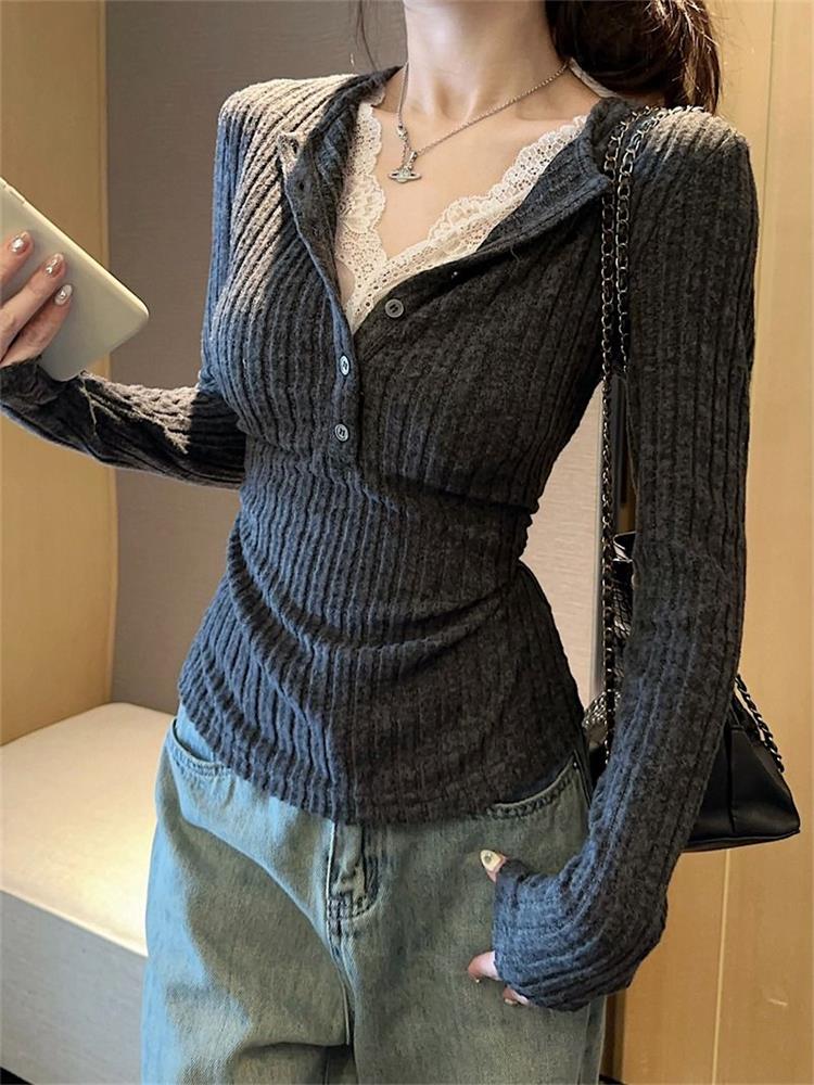 Men'S Fashion Aesthetics - 女性のトップレースパッチワーク長袖 Tシャツベースシャツファッションヴィンテージフェイクツーピース V ネック Tシャツ美的服