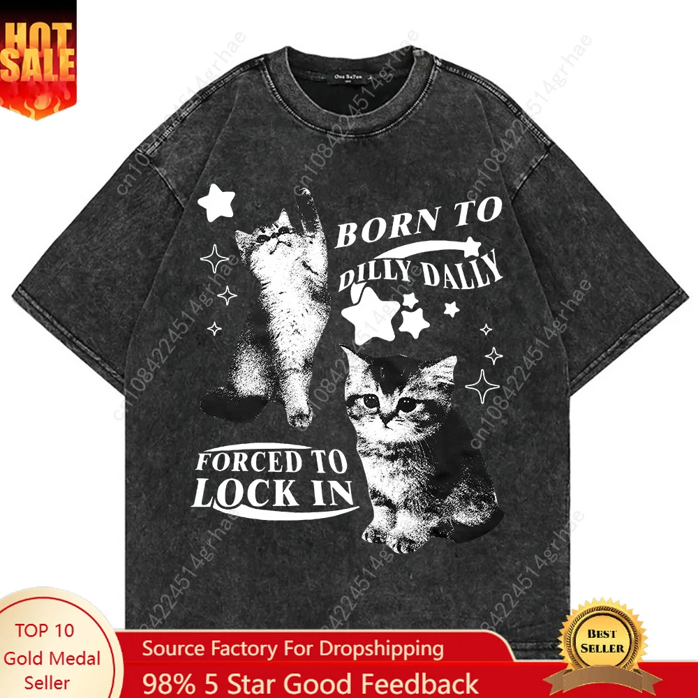 Men'S Fashion Aesthetics - 100% コットンヴィンテージウォッシュ Y2k 面白い猫ミーム Tシャツファッション男性/女性美的グラフィックオーバーサイズルーズ酸洗い Tシャツシャツ