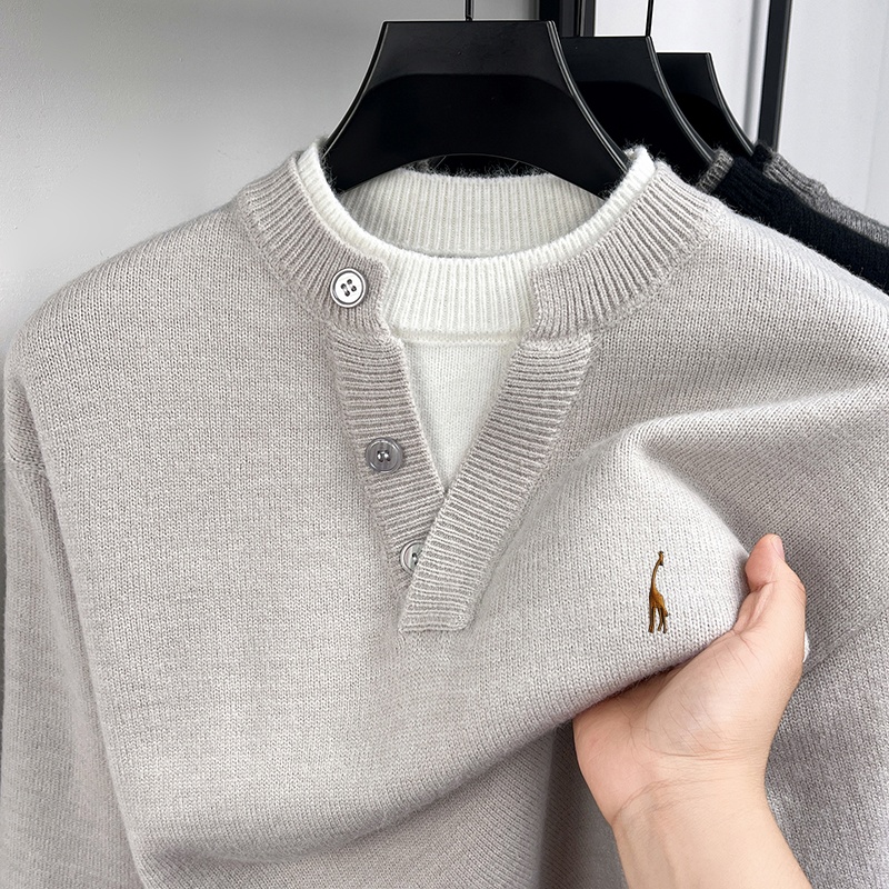 Men'S Fashion V Neck Sweater - ファッショントレンド メンズ長袖セーター フェイクツーピース Vネック ボタン カラーブロッキング