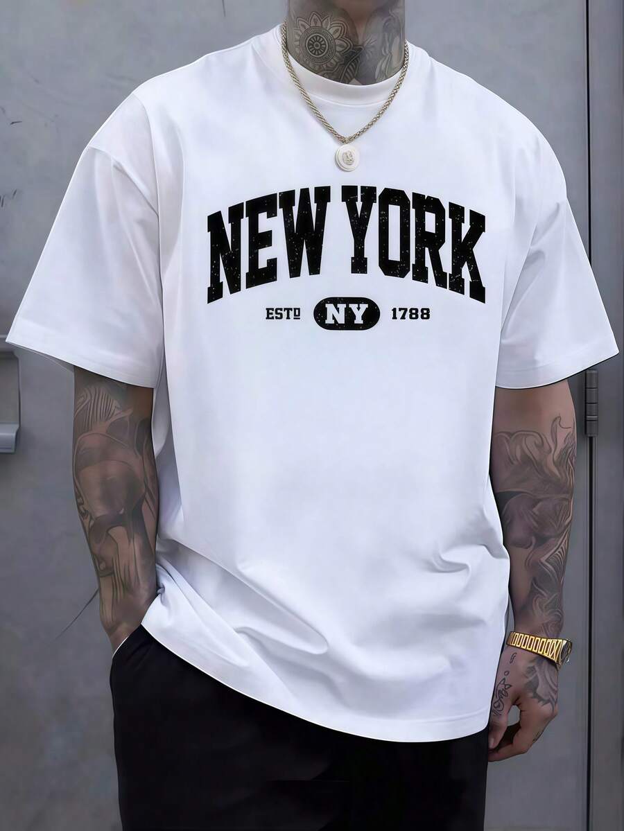 York Men'S Fashion - メンズ服 ニューヨーク文字プリント ホワイトTシャツ 1枚、ユニセックスカジュアルクルーネックTシャツ、プラスサイズメンズウェア 5XL、軽量 2