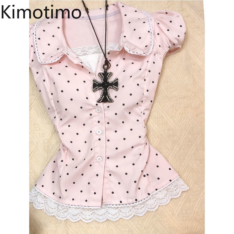 Men'S Fashion Aesthetics - Kimotimo 甘い水玉模様半袖シャツ女性 2026 夏ラペルスリムウエストクロップトップヴィンテージ Y2k 美的スパイシーガールブラウス