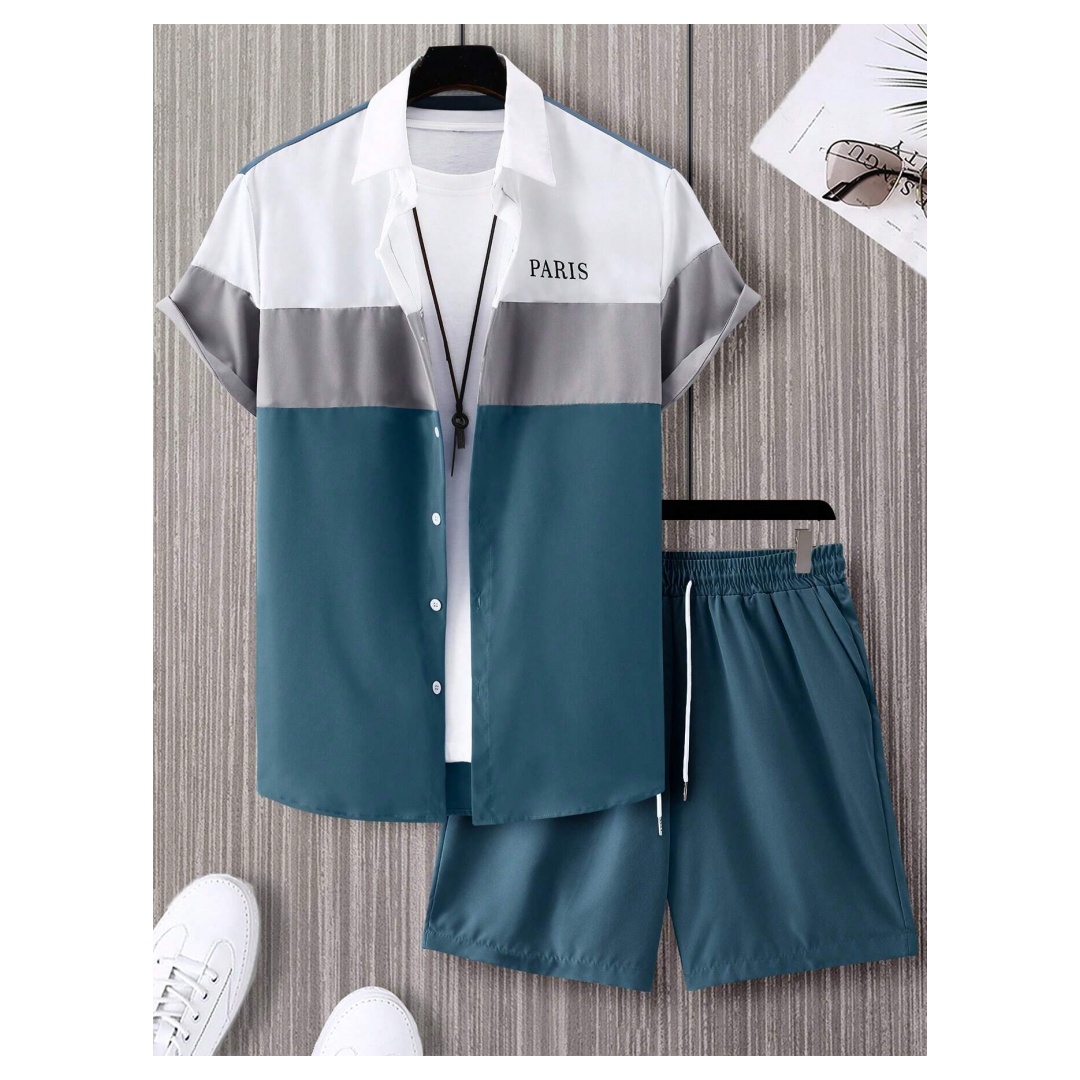 Mens Fashion Suits - メンズファッションスーツ 青と白のパッチワークカラー シングルブレスト半袖ラペルシャツとショートパンツ Y2K メンズツーピーススーツ