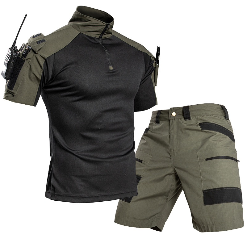 Military Shirt Men - メンズアウトドアクイックドライタクティカルTシャツセット ハーフジップTシャツ ショーツ マルチポケット ハイキング キャンプ