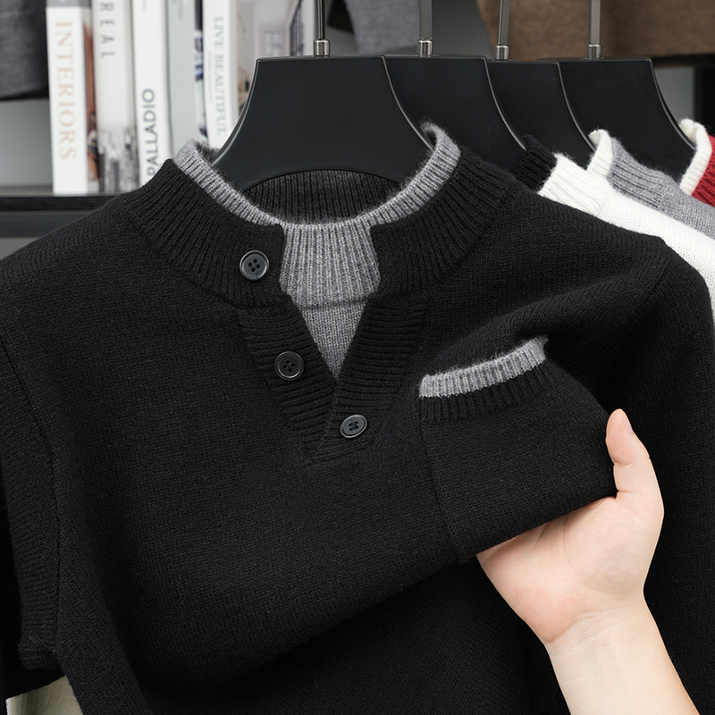 メンズフェイクツーピースニット長袖プルオーバー、ラウンドネッ - Men'S Fashion V Neck Sweater のレビューと価格