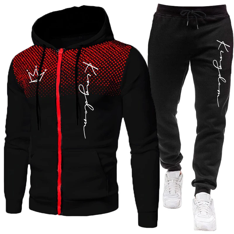 キングレタープリント メンズセット ジップアップパーカーと黒 - Jogger Sweatpants Men のレビューと価格
