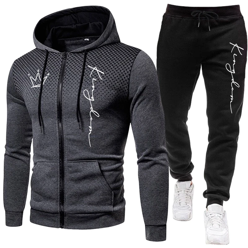 キングレタープリント メンズセット ジップアップパーカーと黒 - Jogger Sweatpants Men のレビューと価格