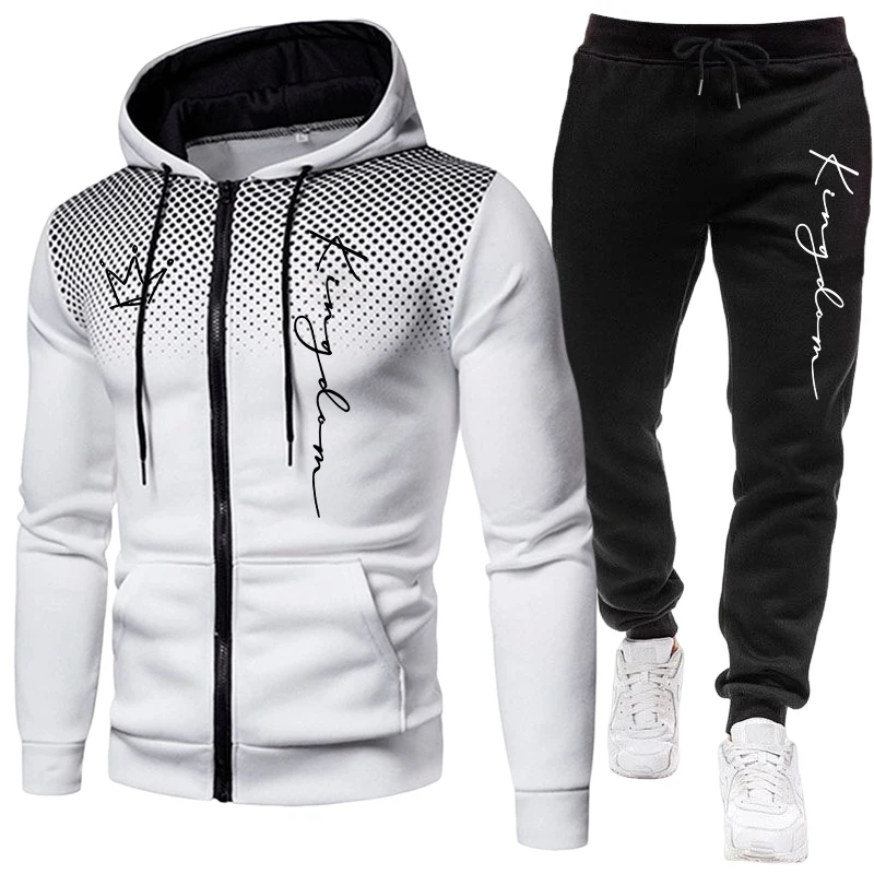 キングレタープリント メンズセット ジップアップパーカーと黒 - Jogger Sweatpants Men のレビューと価格