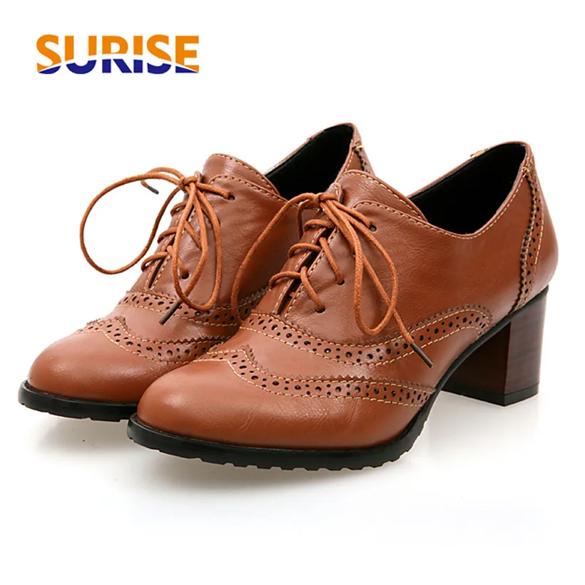 Oxfords-女性用ハイブロックヒール、ブラウンレザー、ラ - Oxford Shoes Brogue のレビューと価格