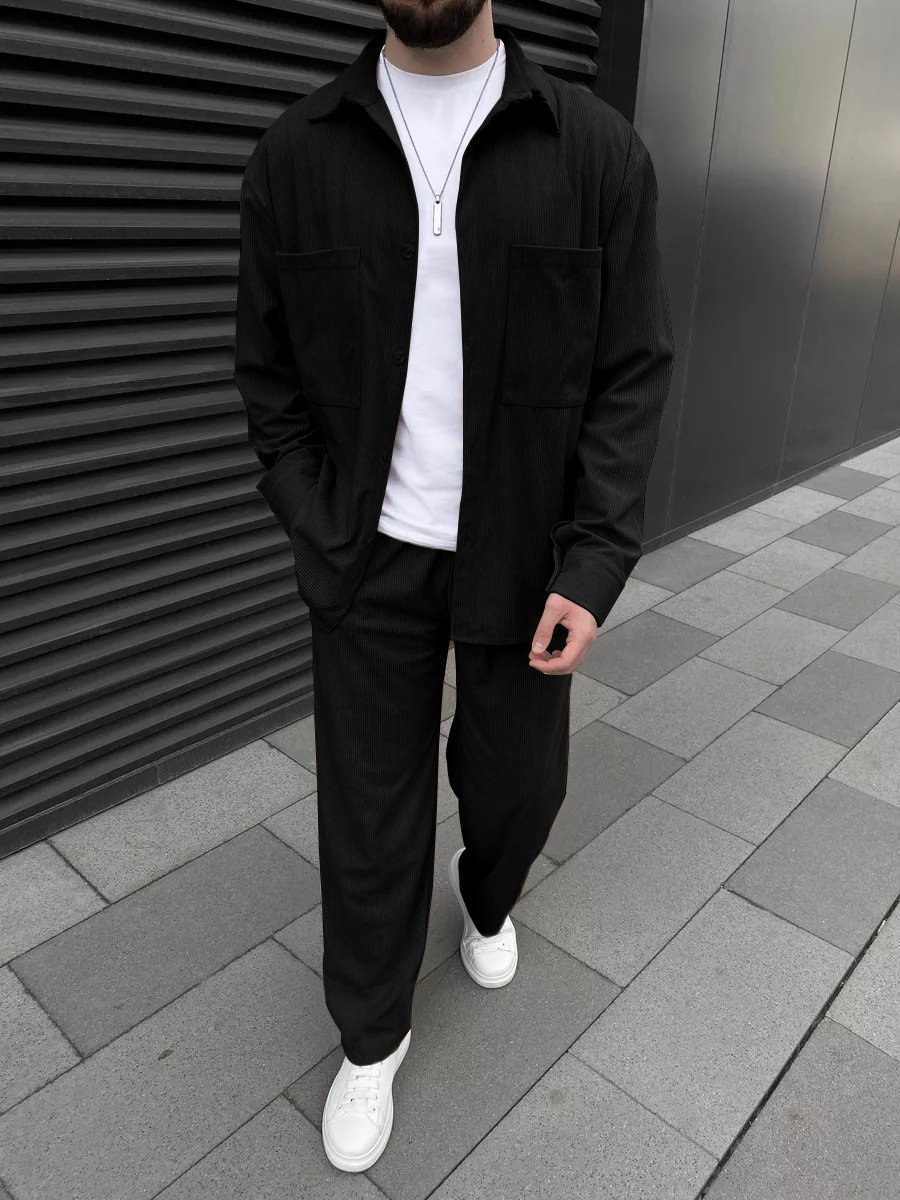 メンズコーデュロイツーピースセット：長袖ボタンダウンシャツと - Mens Fashion Suits のレビューと価格