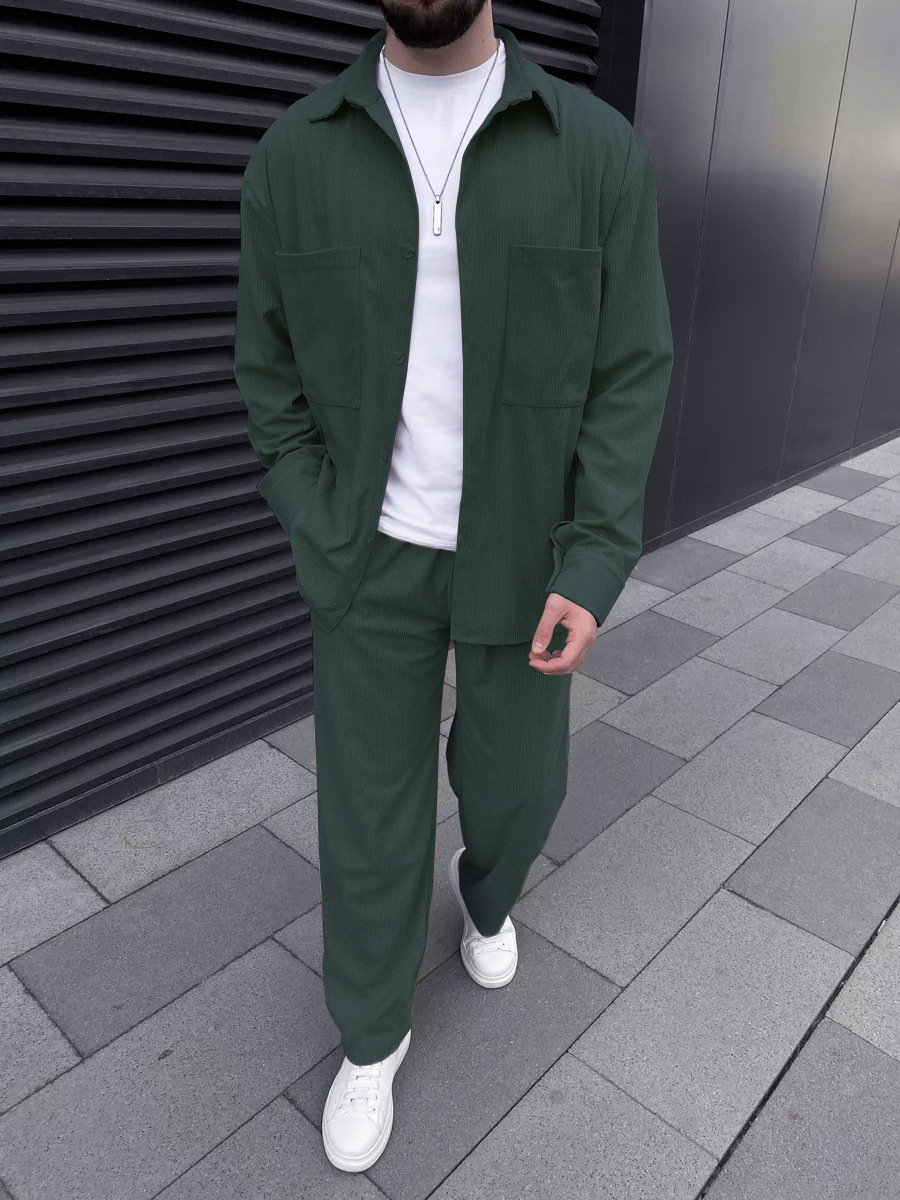 メンズコーデュロイツーピースセット：長袖ボタンダウンシャツと - Mens Fashion Suits のレビューと価格