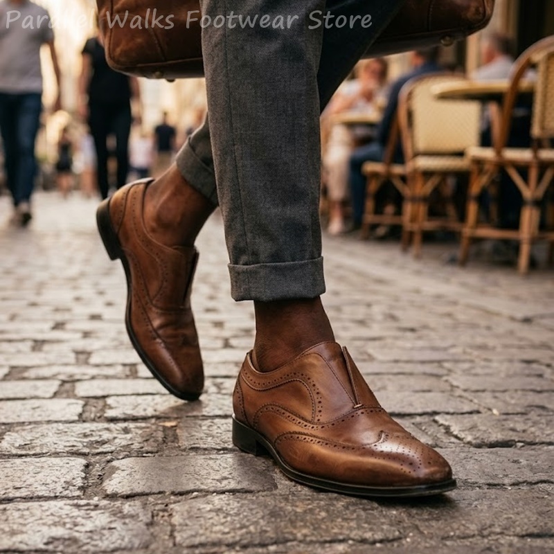 メンズブラウンレザーブローグシューズスリッポン弾性穴あきウィ - Oxford Shoes Brogue のレビューと価格