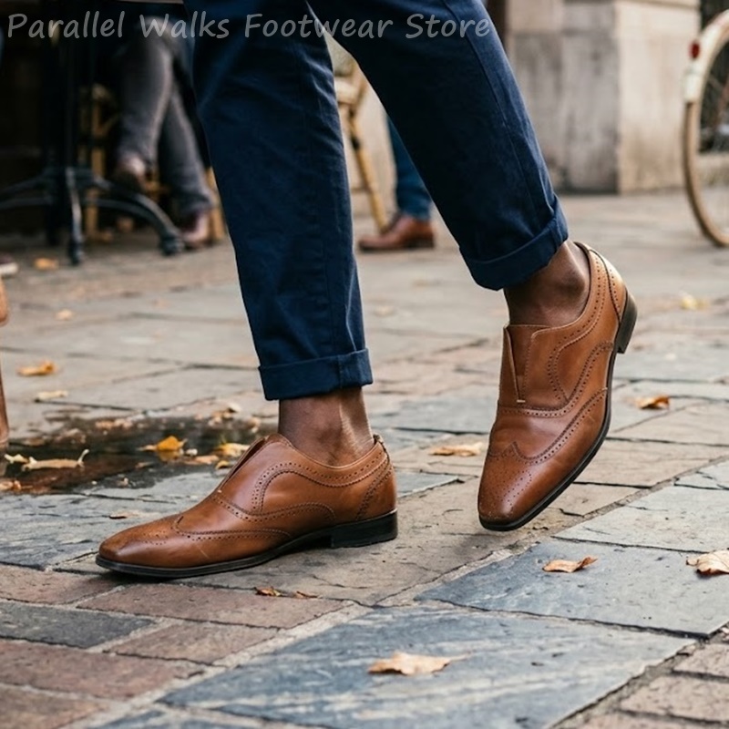 メンズブラウンレザーブローグシューズスリッポン弾性穴あきウィ - Oxford Shoes Brogue のレビューと価格