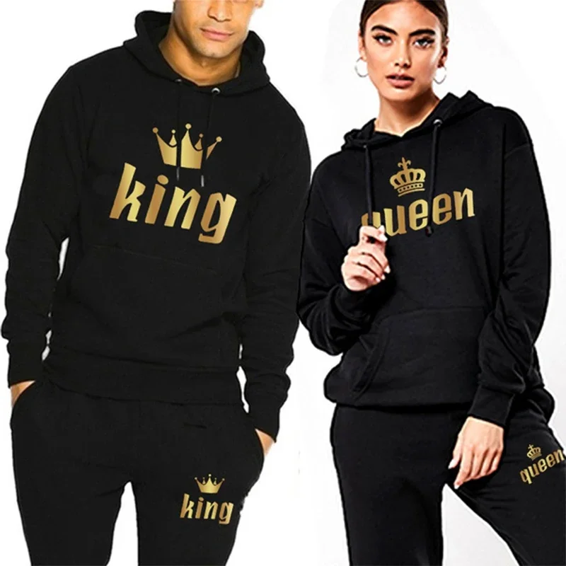 男性女性トラックスーツキングとクイーンレタープリントパーカー - Men Fashion King のレビューと価格