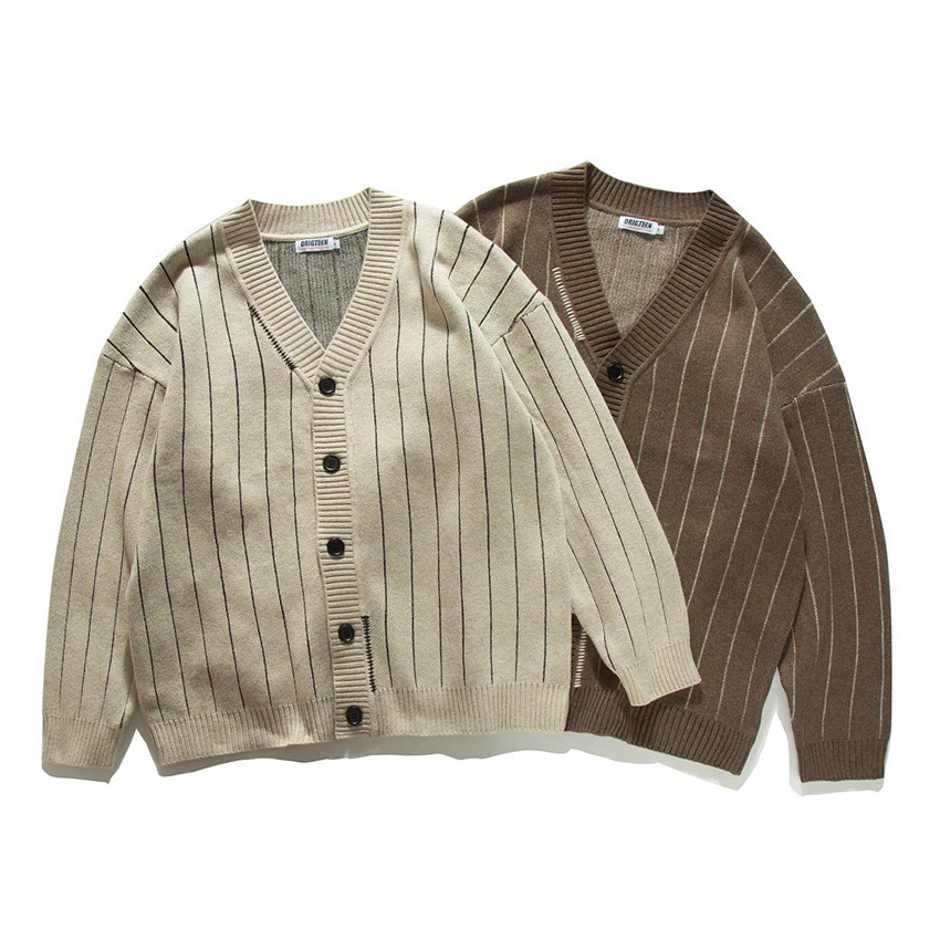 春秋のストライプカーディガンセーター男性ファッションヴィンテ - Men'S Fashion V Neck Sweater のレビューと価格