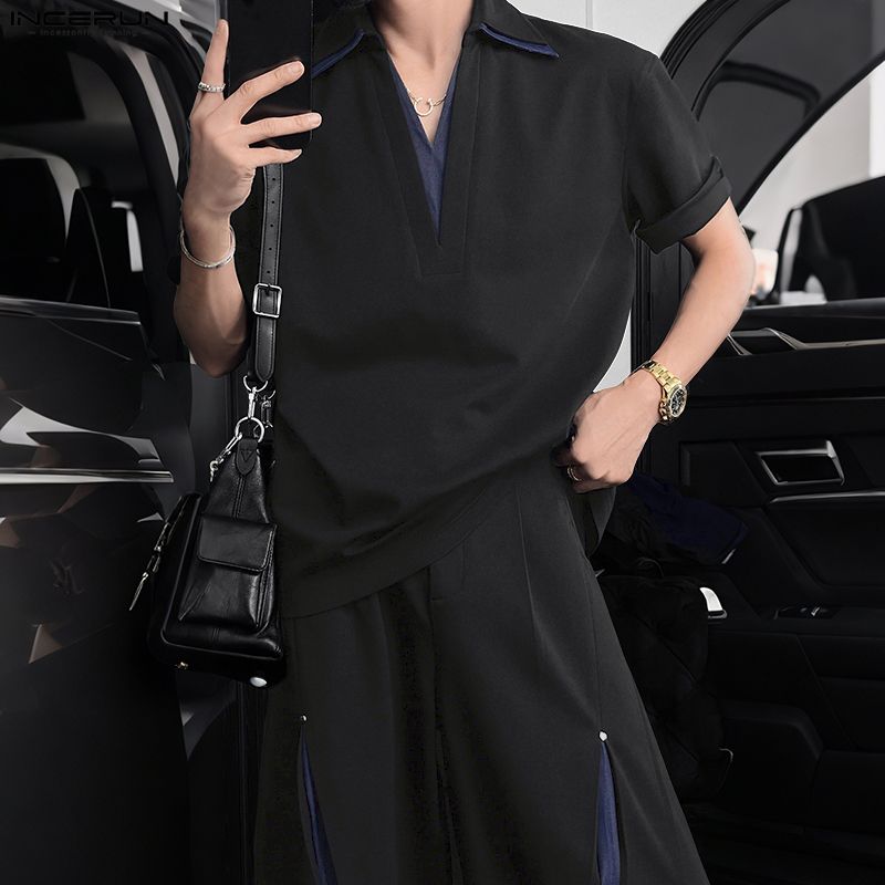 男性セットパッチワークラペル半袖シャツ & パンツ 2 枚セ - Mens Fashion Suits のレビューと価格